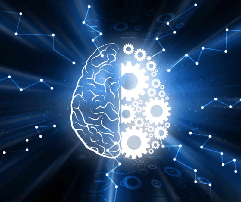 Image of a human brain in two halves, one made of tissue, one of cogs in a machine